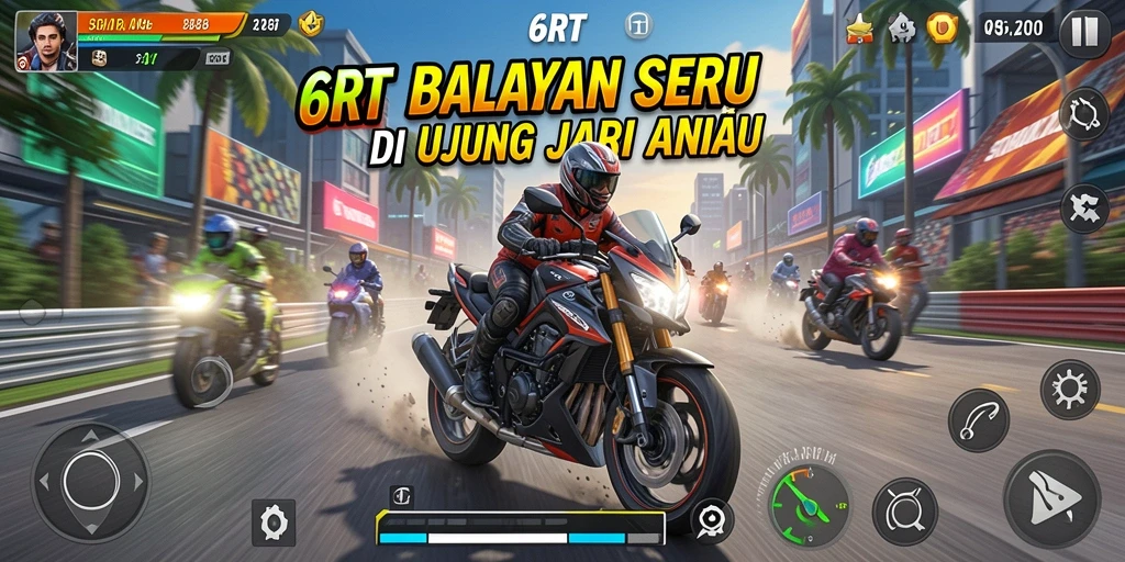Screenshot gameplay 6RT dengan aksi balapan motor yang seru.