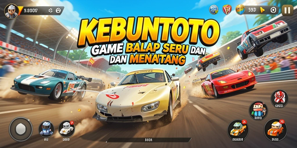 Screenshot KEBUNTOTO menampilkan aksi balap yang seru dan mendebarkan.